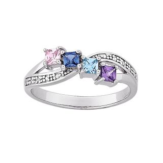 Sterling Silver Mothers Square Family Birthstone and Diamond Accented