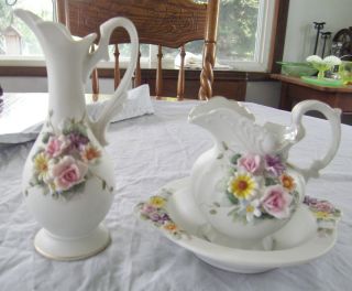 Vintage Lefton China Miniature Bowl and Pitcher Applied Flowers Pair