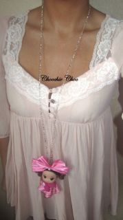 Pink Dolly Doll Big Hair Bow Charm Pendant Necklace Long Chain