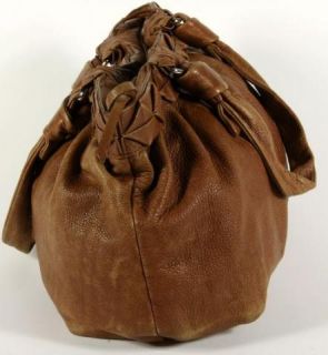 Elliott Lucca Tan PEBBLED Leather Pleated Hobo Shoulder Bag Purse