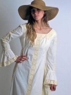 Vtg 60s Emma Domb Boho Hippie Crochet Lace Wedding Maxi Dress Bell