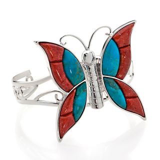 Jay King Turquoise and Coral Inlay Butterfly Sterling Silver Cuff B