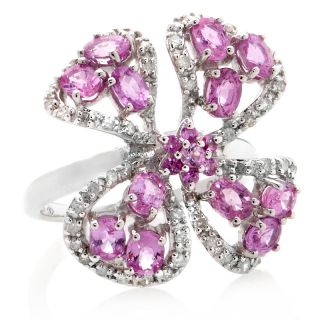 Pink Sapphire White Diamond Silver Flower Ring   2.65ct
