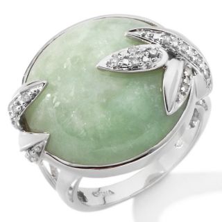 Round Green Jade and Diamond Sterling Silver Leaf Ring