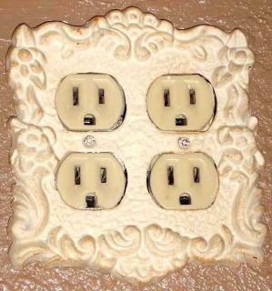 Double Electrical Plug Outlet Cover Antique White Metal