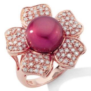 Cranberry Cultured Fresh Water Pearl and Diamond 14K Rose Gold Flower
