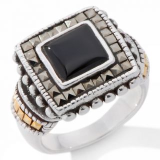 Marcasite and Square Black Stone Sterling Silver Ring