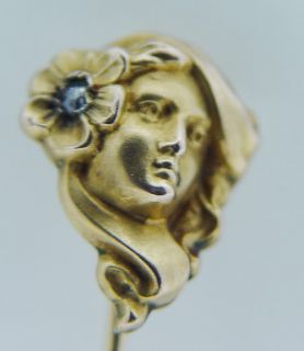  Jewelry 14K Yellow Gold Nouveau Lady Face Pin Stickpin Brooch Diamond