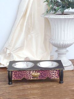 Shabby Cottage Chic 4 Elevated Leopard Dog Pet Feeder