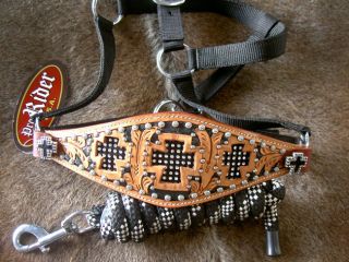 Nylon Bronc Leather Horse Halter Lead Rope Tack Rodeo Tiedown Noseband