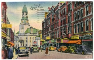 Fall River MA Main Street Looking North Old Cars 1948 Linen Postcard