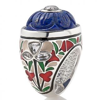 Isharya 925 Floral Carved Lapis and Enamel Sterling Silver Ring