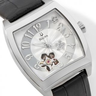 Bulova Ladies Open Flower Black and White Automatic Watch with Lea