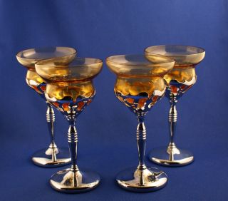 Vintage Farber Bros. Krome Kraft Amber Glass Cocktail Stem c.1940 Set