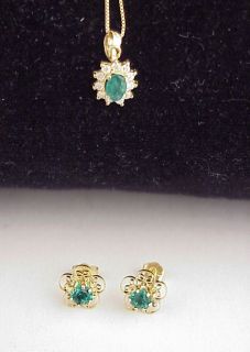 14K Yellow Gold Emerald Earrings & Diamond Pendant Set