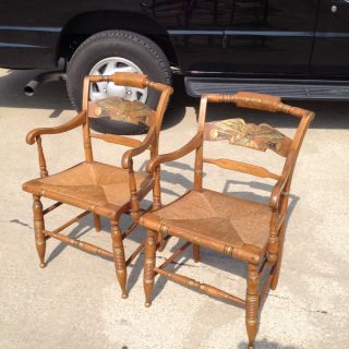 Beautiful Pair of Ethan Allen Decorated Hitchcock Rush Seat Arm Chairs