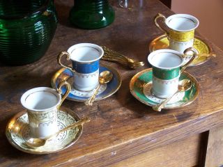 Set 4 Demitasse Arnart 5th Ave. Cups Saucers+SUPREME Gold Stainless 8