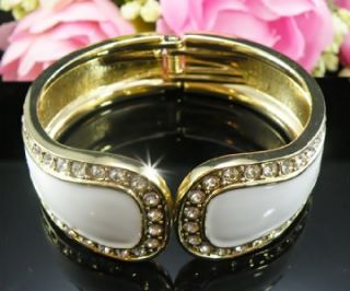 Elegant White Enameled Bangle Crystals Gold Hinged Bangle Bracelet