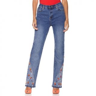 184 675 diane gilman coral and pearly bead embellished boot cut jeans