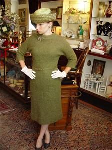 Mad Men 1960s Wiggle Dress and Hat Mossy Green Nancy Greer New York