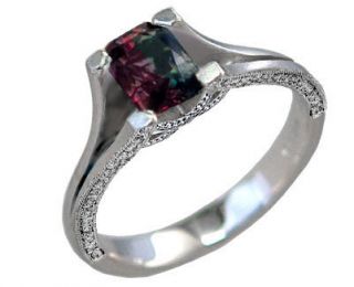 Platinum Natural Alexandrite Wedding or Engagement Ring Diamond Pave