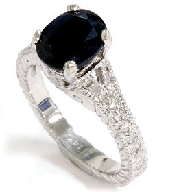  Black Sapphire Diamond Vintage Style Heirloom Hand Engraved Ring 14k