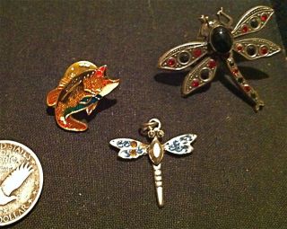 Vintage Dragonfly pin enamel bass tie lapel pin, necklace pendant lot