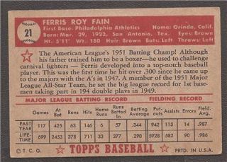 1952 Topps 21 Ferris Fain Philadelphia Athletics Low Number Red Back