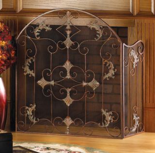 Florentine Fireplace Screen Rustic Finish and Ornate Scrollwork Metal