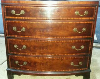 NICE ANTIQUE VINTAGE FANCHER BANDED FLAME MAHOGANY 4 DRAWER CHEST WITH