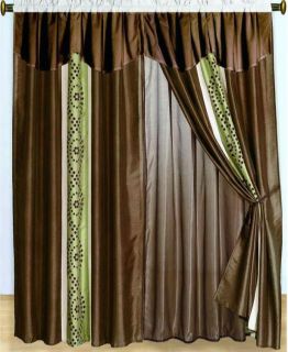 Brown Green Curtain Faux Silk Panel Backs Valance