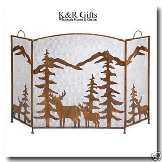 Fireplace Screen Rustic Forest and Deer Iron Mesh New