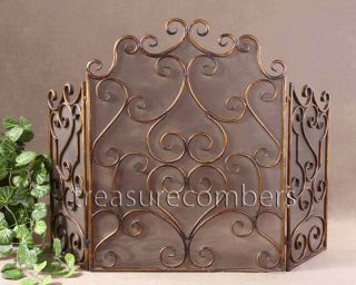 hand forged scrolled metal fireplace screen 3 panel mesh back