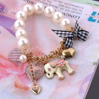 Lovely Elephant Faux Pearl Bow Heart Dangle Beads Charms Bracelet
