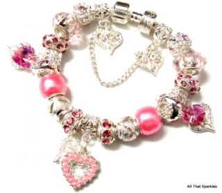 Pretty Pink Hearts Childrens Child Girls Charm Bead European Bracelet