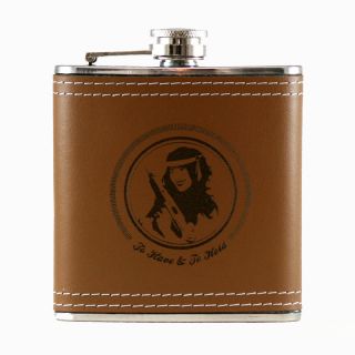 6oz Laser Engraved Brown Leather Wrapped Hip Flask by Top Shelf Flasks