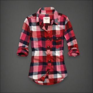 Abercrombie Women Red Pink Navy White Check Flannel Button Down Shirt