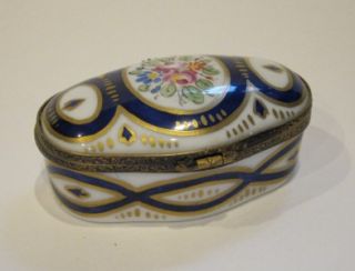 Limoges Eximious Blue Gold Floral Hinged Trinket Pill Box