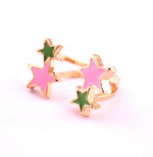  Fashion Gold Plated Color Pink/Green Enamel Five Points Ring Size 5