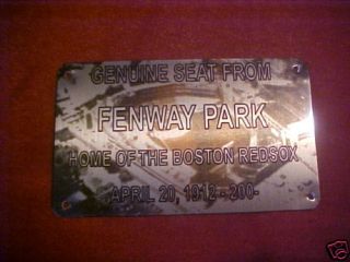 Boston Red Sox Fenway Park Stadium Seat Plaque