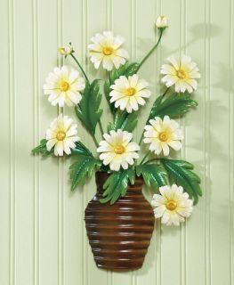 Green Yellow Daisy Flower Basket Vase Bouquet Metal 3D Wall Art Decor