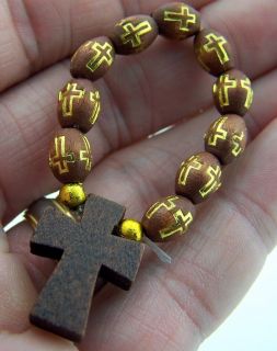  Round Brown Wood Bead Tau Cross Finger Penance Rosary Ring