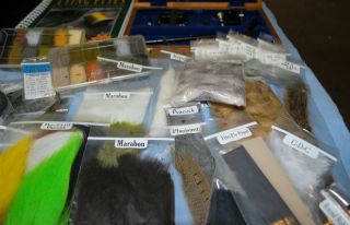 FLY FISHING VISE, TYING TOOLS, HOOKS,FEATHERS AND MORE