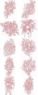 10 red work realistic floral bouquets 4x4 and 5x7 categories