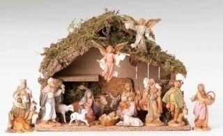 16 PIECE NATIVITY SET WITH 5 FIGURES AND ITALIAN STABLE FONTANINI