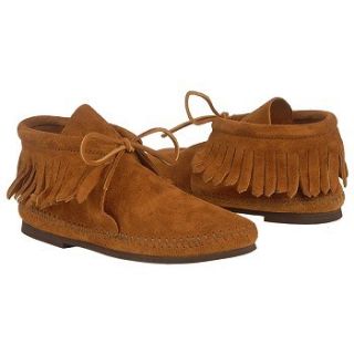 Womens Minnetonka Moccasin Fringed Boot Hardsole Brown Suede Shoes