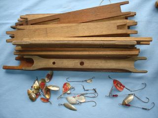 Vintage Hand Made Wood Ice Fishing Drop Lines Sinkers Swivels Spinners