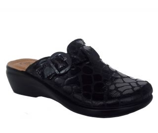 Fly Flot Nero Womens Black Leather Casual Comfort Italy Clog Shoes
