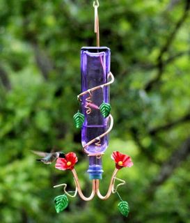  Purple Glass Hummingbird Nectar Feeder   Copper Feeding Tubes  Perry