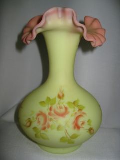 Vintage Fenton Art Glass Burmese Vase Roses Hand Painted by J Wilson